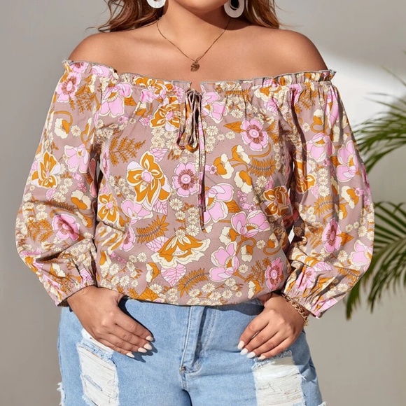 BellanBlue Tops - Boho Plus Floral Print Off Shoulder Blouse